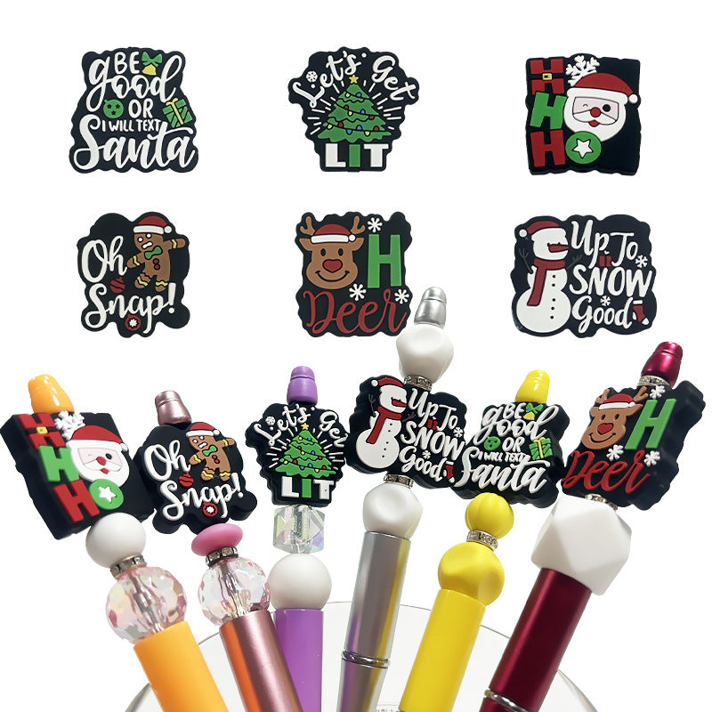 Silicone Focal Beads Christmas Snowman Elk with Printed Festive Text 4