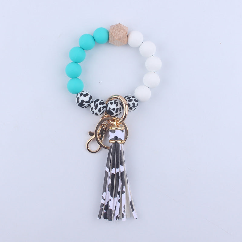 PU Leather Tassel Silicone Bead Wristlet Keychain Leopard Print 7