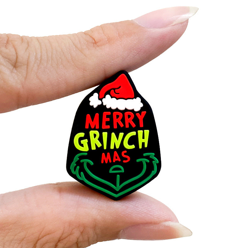 20Pcs Silicone Focal Beads Green Furry Character Scowling Face Wearing Santa Hat 5