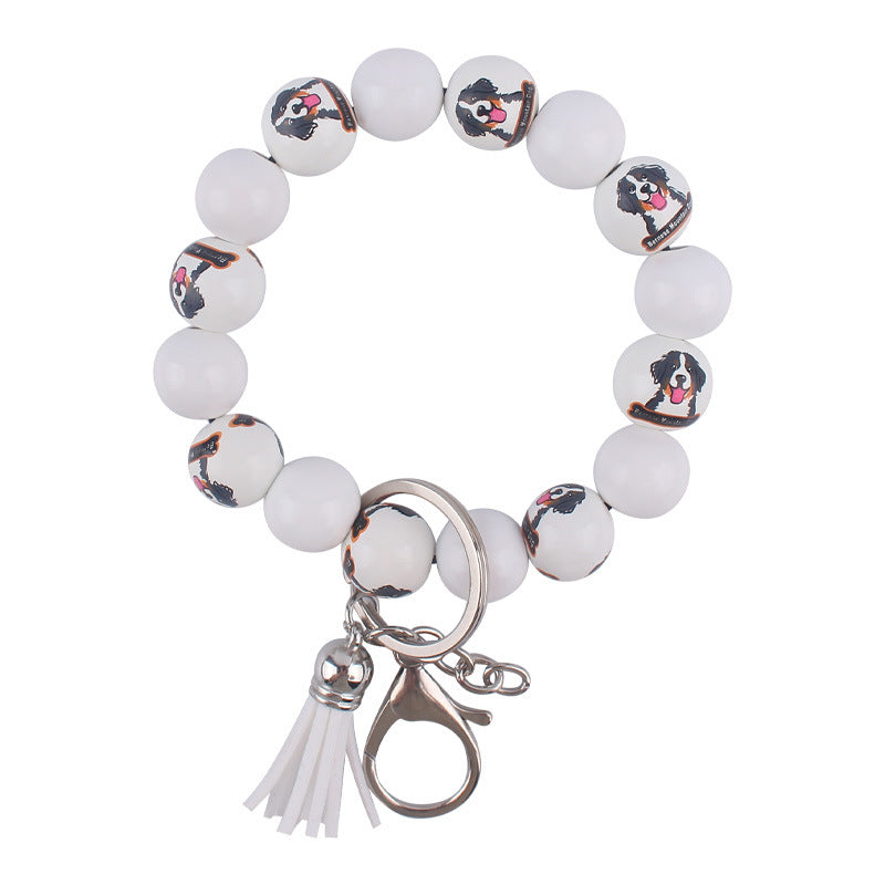Wooden Dog Tassel Silicone Bead Wristlet Keychain with Charm 8