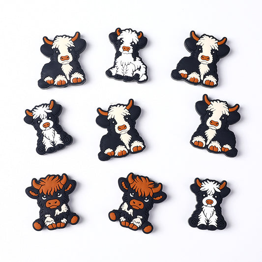 Silicone Focal Beads Cute Dairy Cattle Highland Cow Sitting Pose