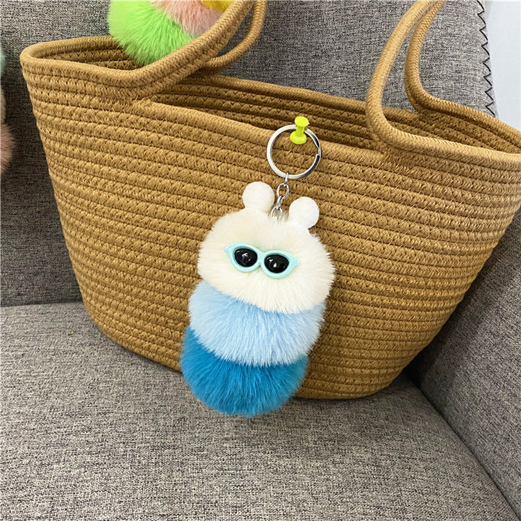 Caterpillar Pom Pom Plush Keychain Cute Furry Charm Accessory 7