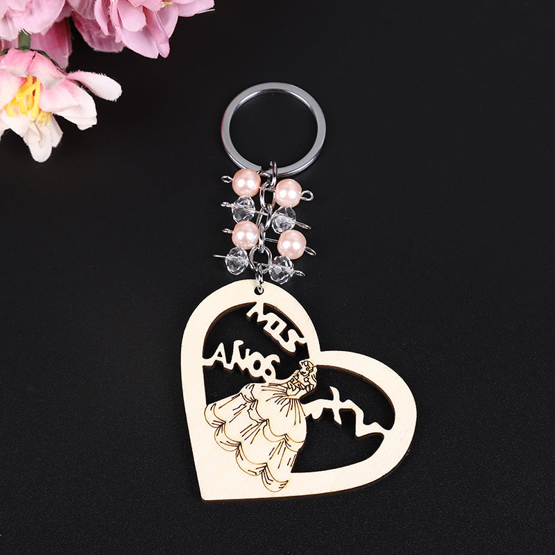 Love Princess Wooden Bead Keychain Heart Shape Charm 7