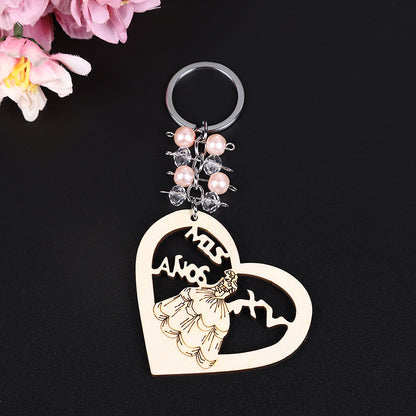 Love Princess Wooden Bead Keychain Heart Shape Charm 7