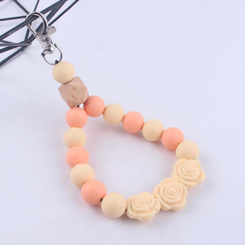 Rose Silicone Bead Wristlet Keychain with Wooden Accent Bead 10