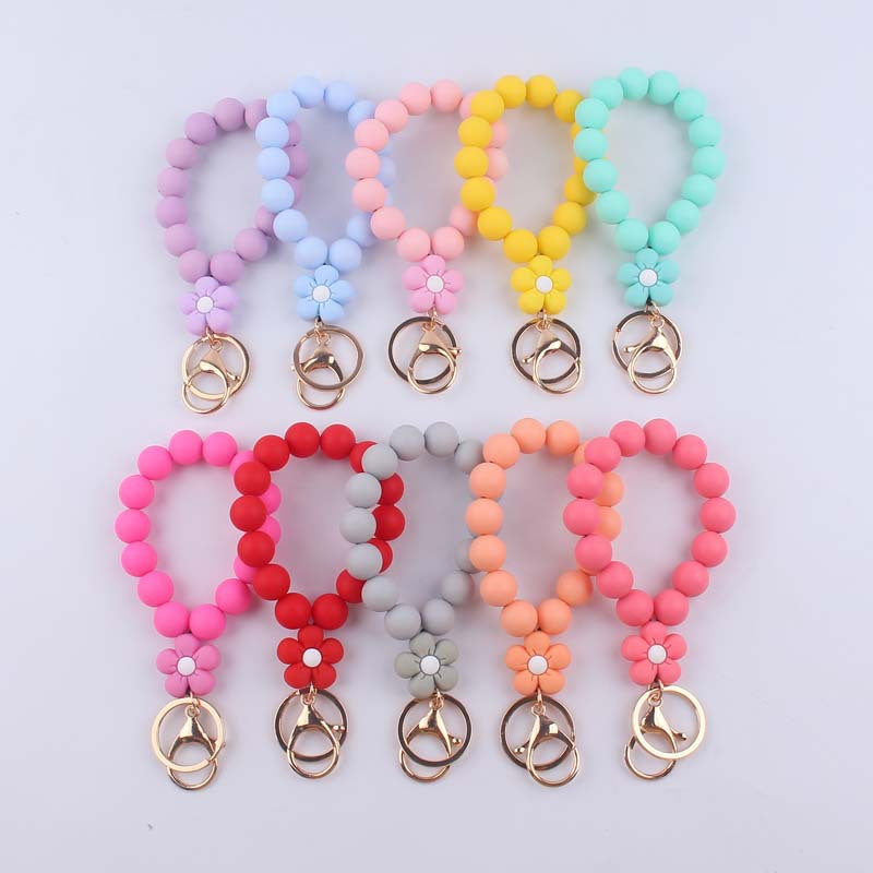 Flower Silicone Bead Wristlet Keychain with Daisy Charm