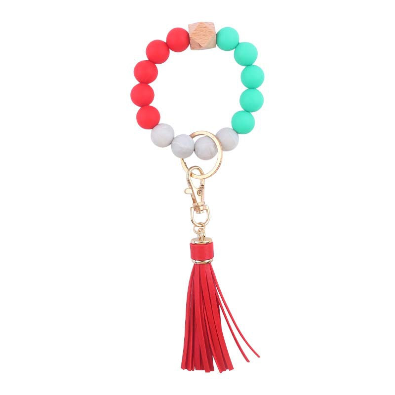PU Tassel Silicone Bead Wristlet Keychain with Wooden Bead 20