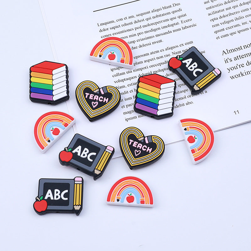 20pcs Silicone Focal Beads Teach Rainbow Books Pencil Design 4