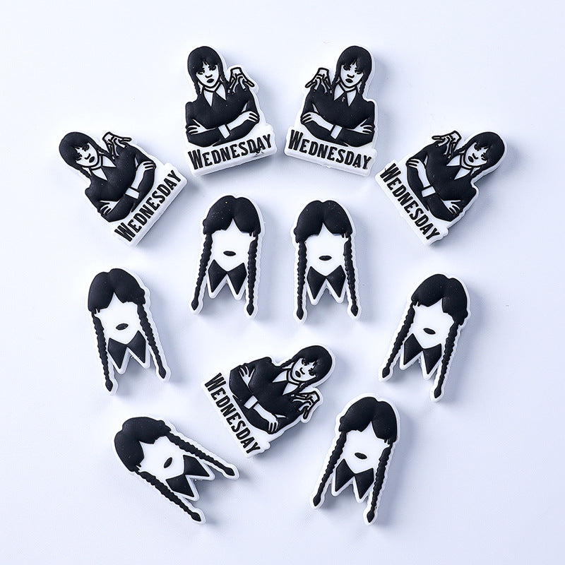 20pcs Silicone Focal Beads Wednesday Girl Front Facing with Braided Hair 3