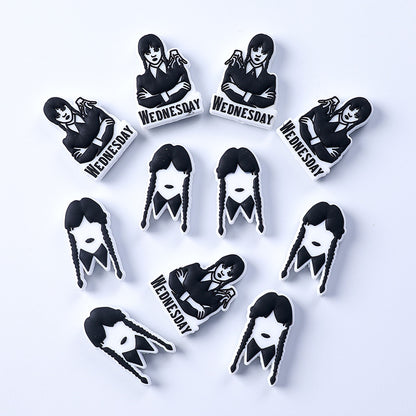 20pcs Silicone Focal Beads Wednesday Girl Front Facing with Braided Hair 3