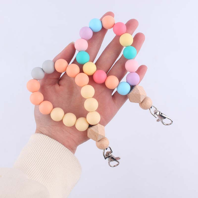 Contrast Wood Octagonal Silicone Bead Wristlet Keychain 4