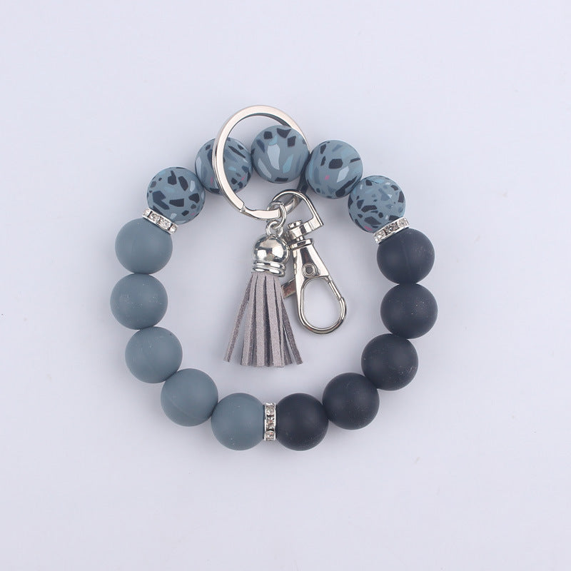 Leopard Print Tassel Silicone Bead Wristlet Keychain Charm 6