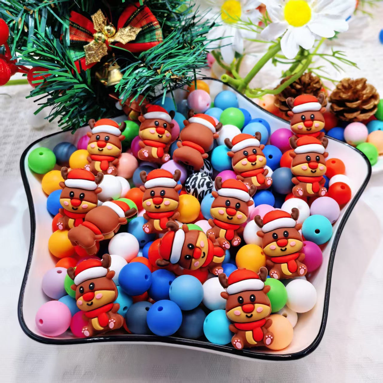 20Pcs Silicone 3D Focal Beads Christmas Deer Doll Sitting Pose 2