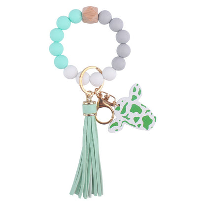 Western Cow Silicone Bead Wristlet Keychain PU Leather Tassel 7