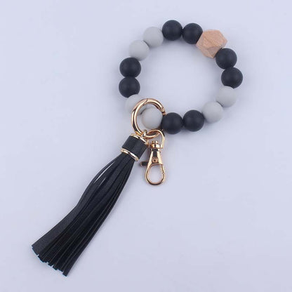 Leather Tassel Octagonal Silicone Bead Wristlet Keychain 11