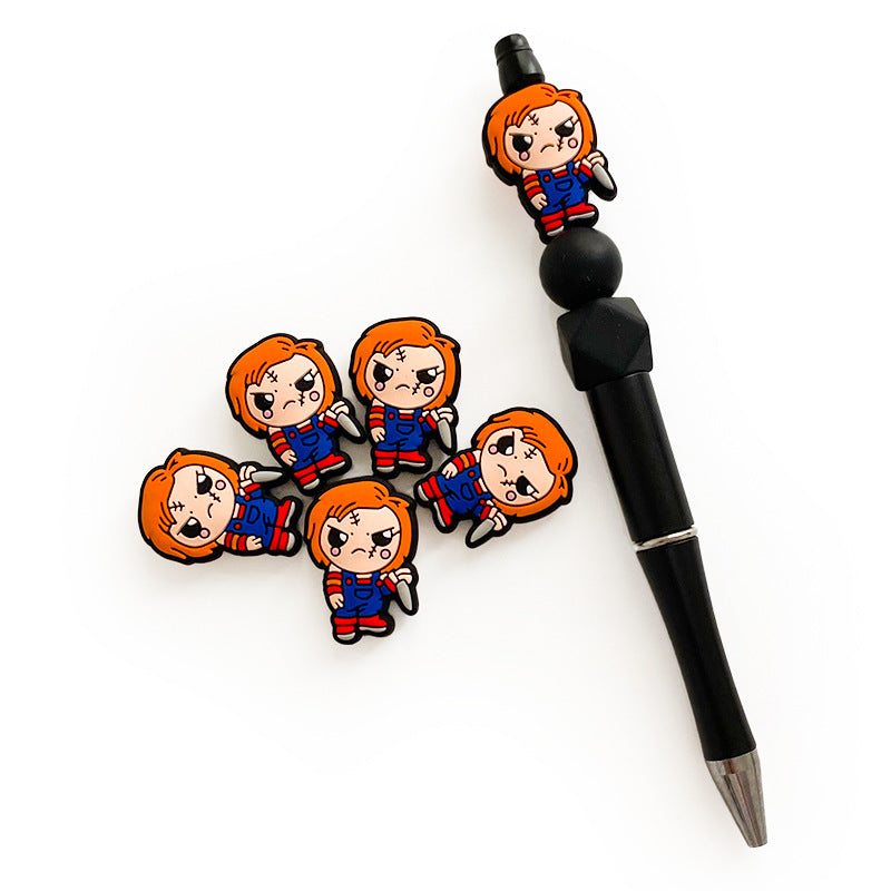 20Pcs Silicone Focal Beads Orange Haired Character Holding Knife 4