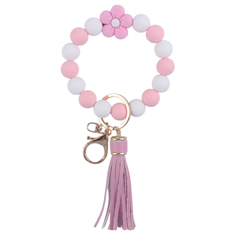 Flower Silicone Bead Wristlet Keychain with PU Leather Tassel 6