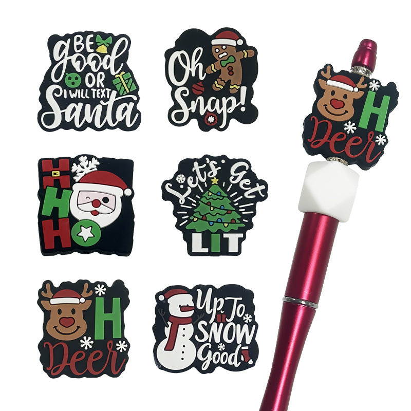 Silicone Focal Beads Christmas Snowman Elk with Printed Festive Text