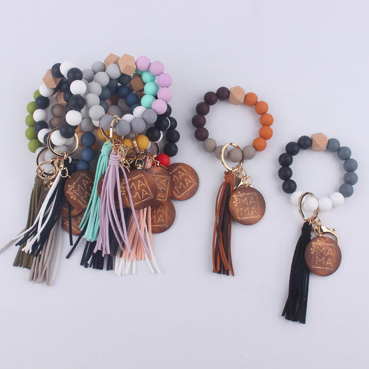 MAMA Tag Silicone Bead Wristlet Keychain with Tassel Charm