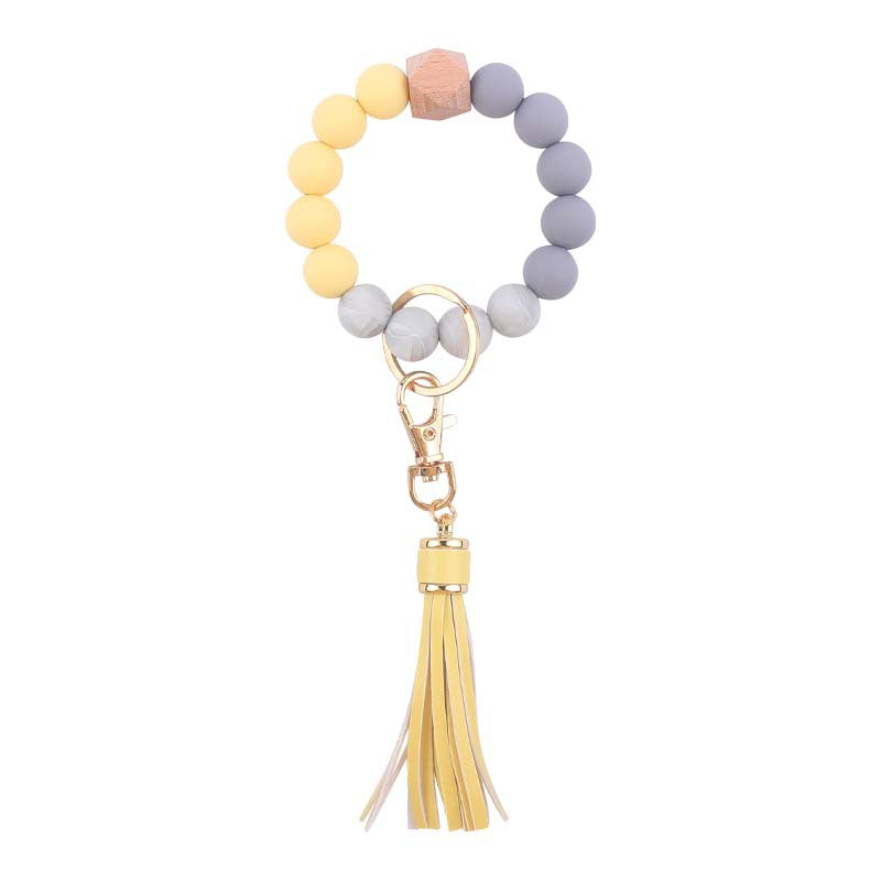 PU Tassel Silicone Bead Wristlet Keychain with Wooden Bead 17