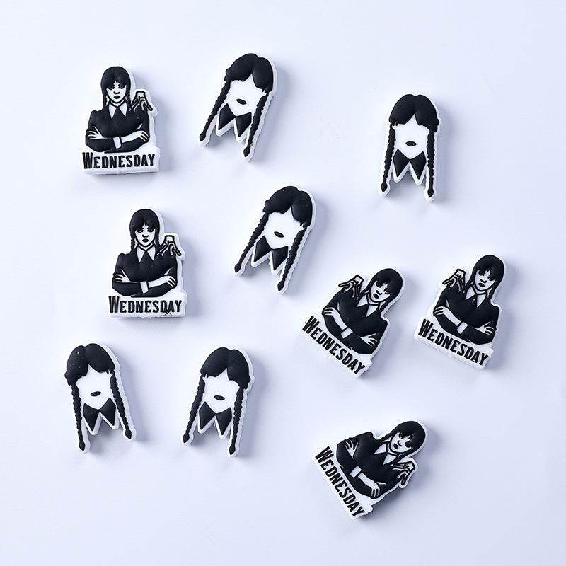 20pcs Silicone Focal Beads Wednesday Girl Front Facing with Braided Hair 2