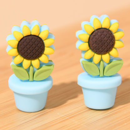 20pcs Silicone Focal Beads Flower Pot Sunflower Yellow White Flower Design 8