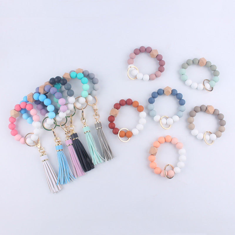 Tassel Silicone Bead Wristlet Keychain with Wooden Bead Charm 8cm