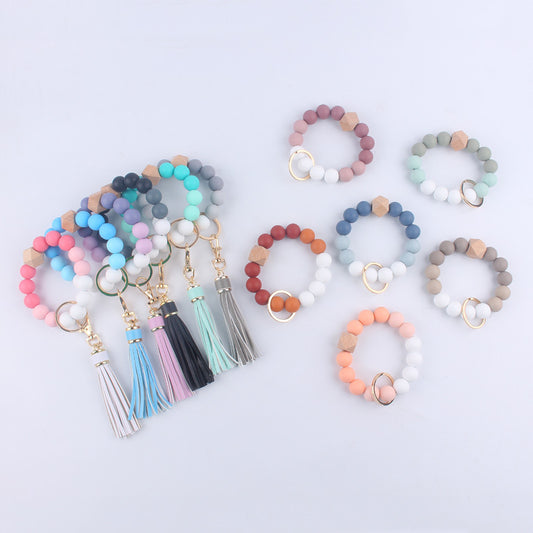 Tassel Silicone Bead Wristlet Keychain with Wooden Bead Charm 8cm