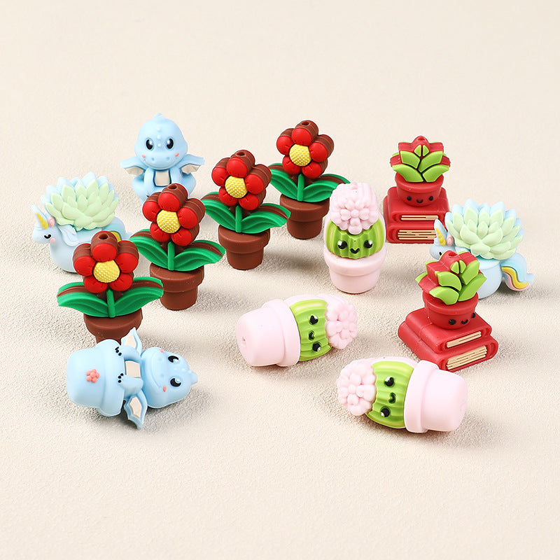 20Pcs Silicone 3D Focal Beads Cactus Flower Pot With Various Designs
