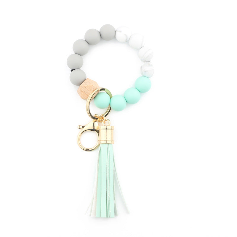 Silicone Bead Wristlet Keychain with Wooden Hexagon Bead Tassel 10
