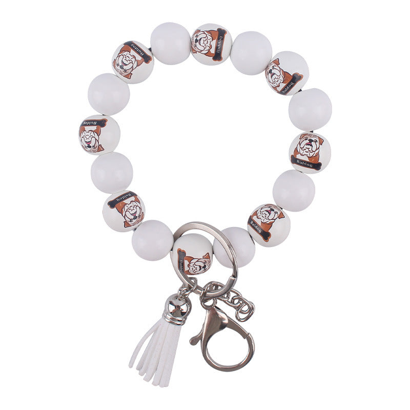 Wooden Dog Tassel Silicone Bead Wristlet Keychain with Charm 10