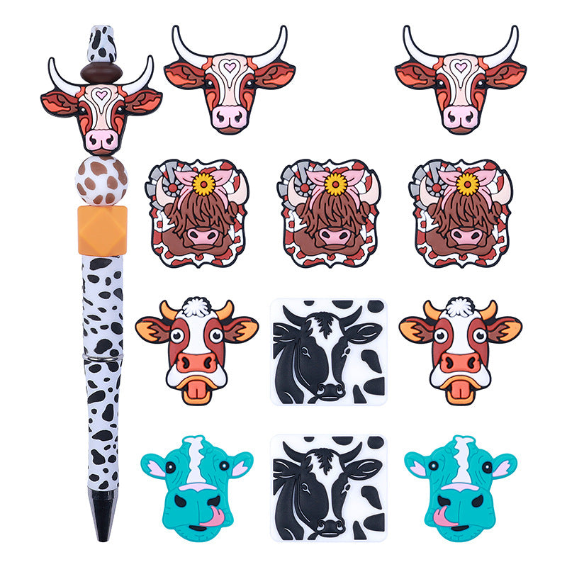 20Pcs Silicone Focal Beads Farm Highland Cattle Square Cow Design