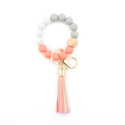 Silicone Bead Wristlet Keychain with Wooden Hexagon Bead Tassel 6