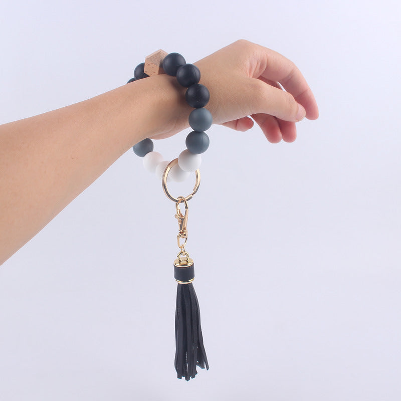 Tassel Silicone Bead Wristlet Keychain with Wooden Bead Charm 8cm 4