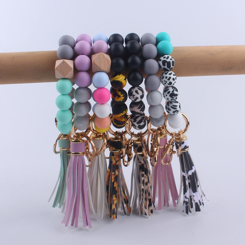 PU Leather Tassel Silicone Bead Wristlet Keychain Leopard Print 4