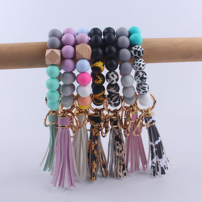 PU Leather Tassel Silicone Bead Wristlet Keychain Leopard Print 4