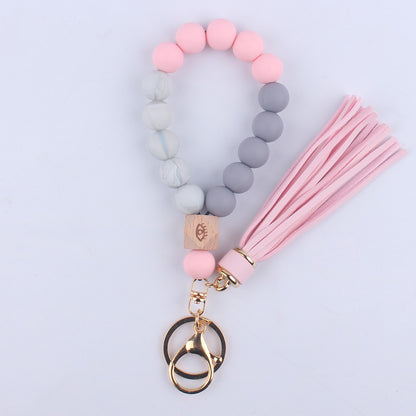 Beech Wood with Eyes Octagonal Tassels Silicone Bead Wristlet Keychain 10