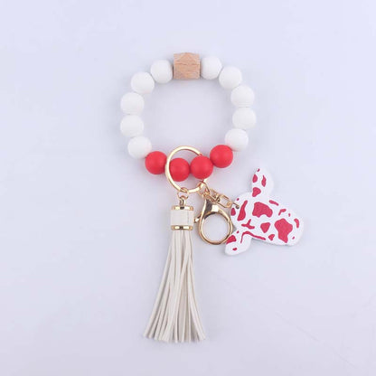 Western Cow Silicone Bead Wristlet Keychain PU Leather Tassel 7