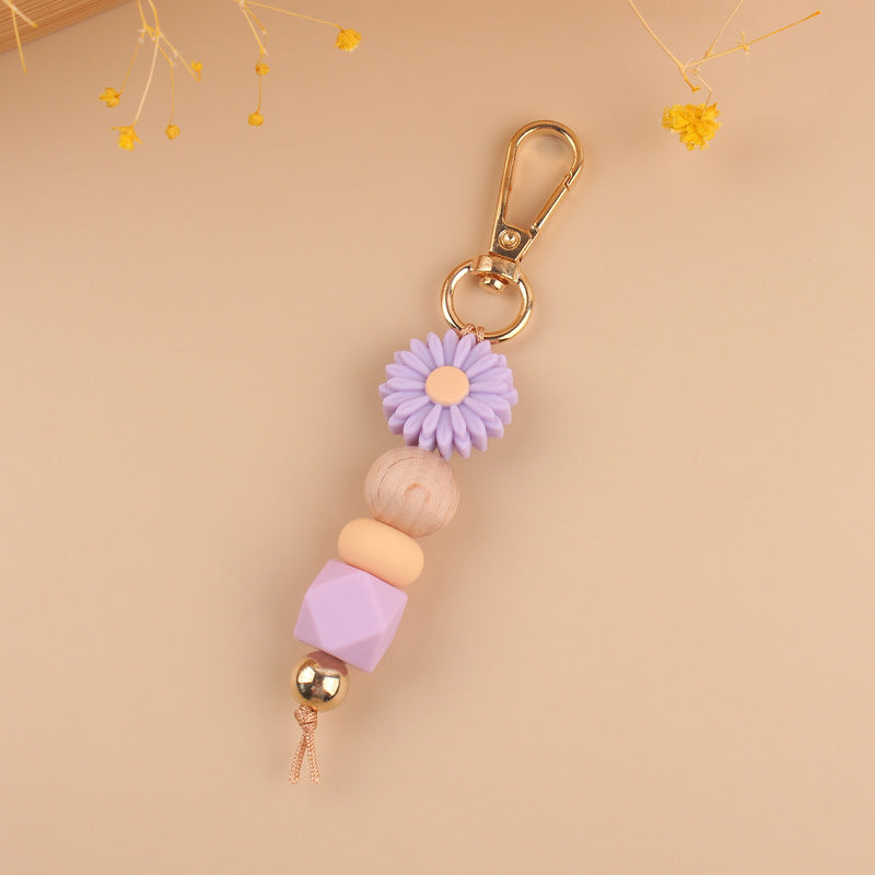 Daisy Silicone Bead Keychain with Wooden Round Bead Charm 10