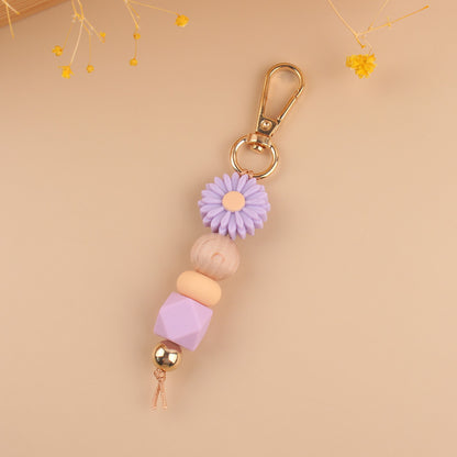 Daisy Silicone Bead Keychain with Wooden Round Bead Charm 10
