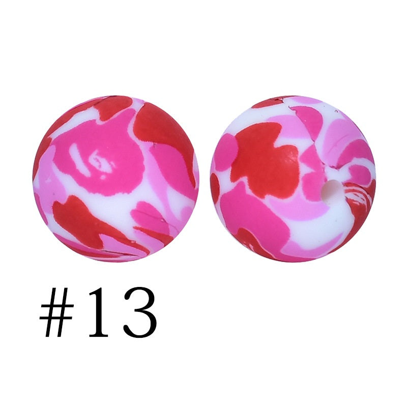 50pcs 12mm Printed Silicone Beads Water Transfer Print Assorted Colors 58