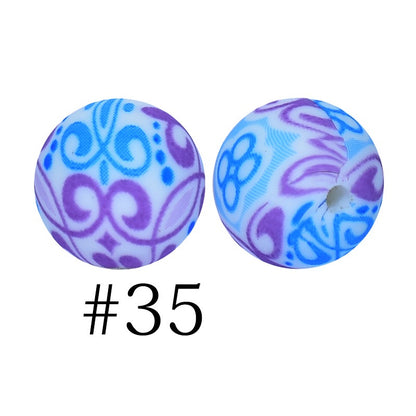 50pcs 12mm Printed Silicone Beads Water Transfer Print Assorted Colors 80