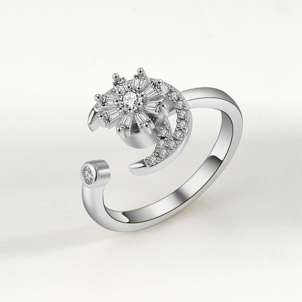 Silver Tone Fidget Ring Adjustable Moon Flower Spinner for Women