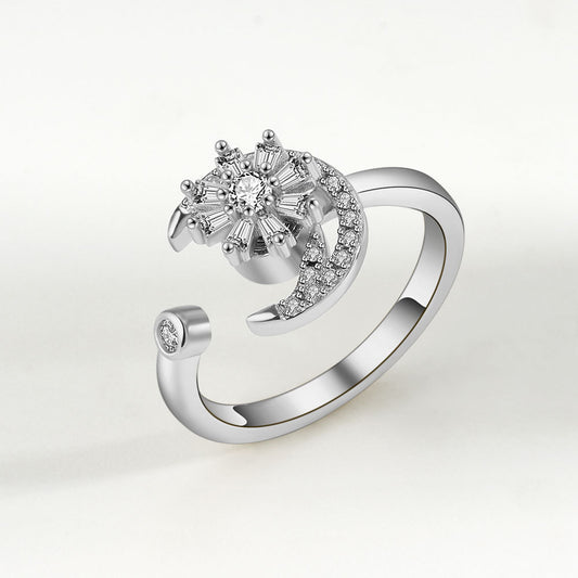 Silver Tone Fidget Ring Adjustable Moon Flower Spinner for Women