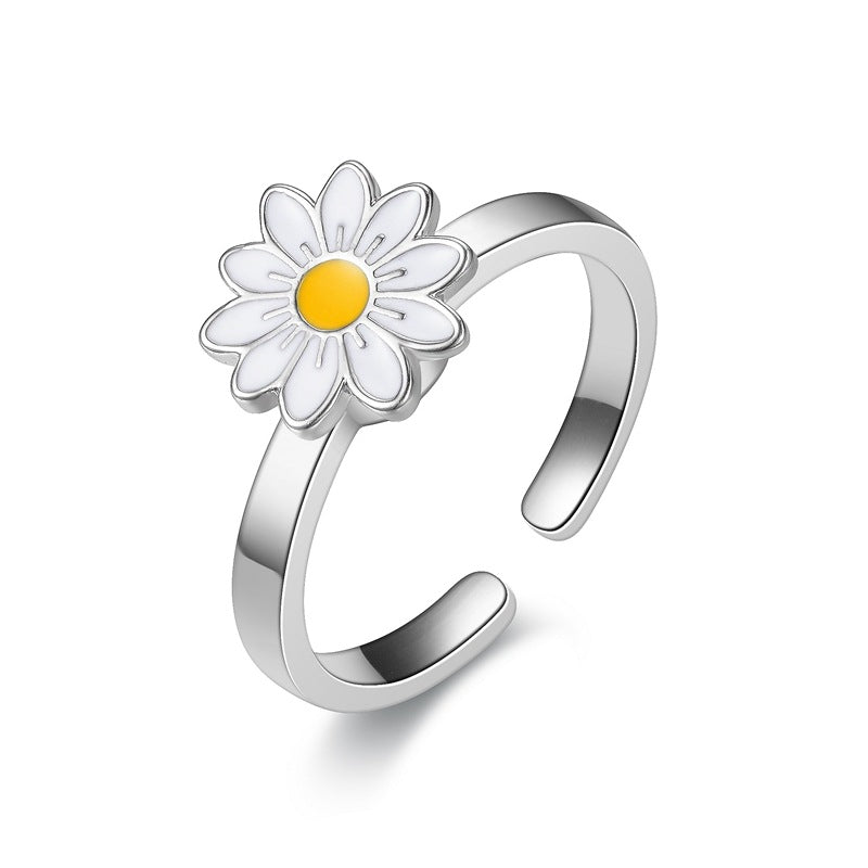 Adjustable Anxiety Fidget Ring with White Flower Spinner for Women
