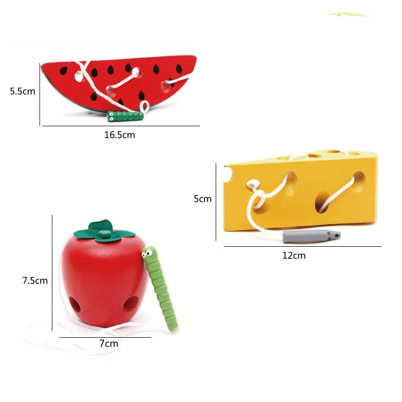 Wooden Caterpillar Eating Fruit Threading Montessori Toys 12