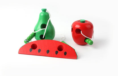 Wooden Caterpillar Eating Fruit Threading Montessori Toys 10