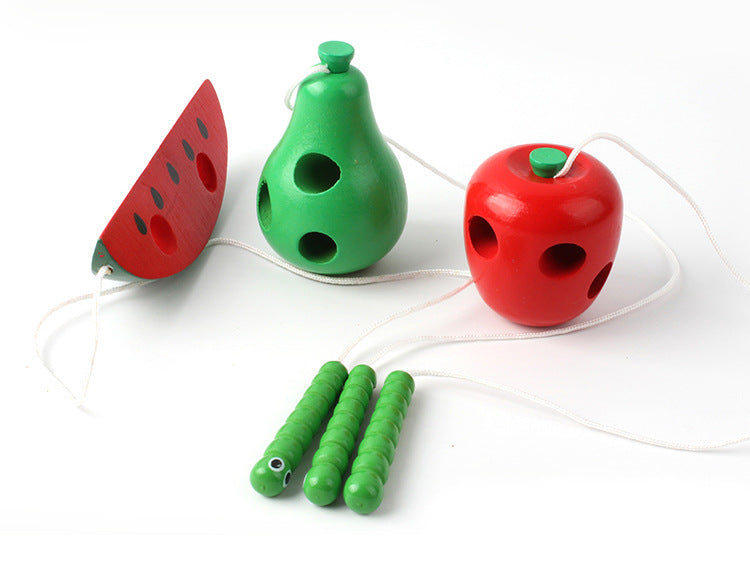 Wooden Caterpillar Eating Fruit Threading Montessori Toys 11