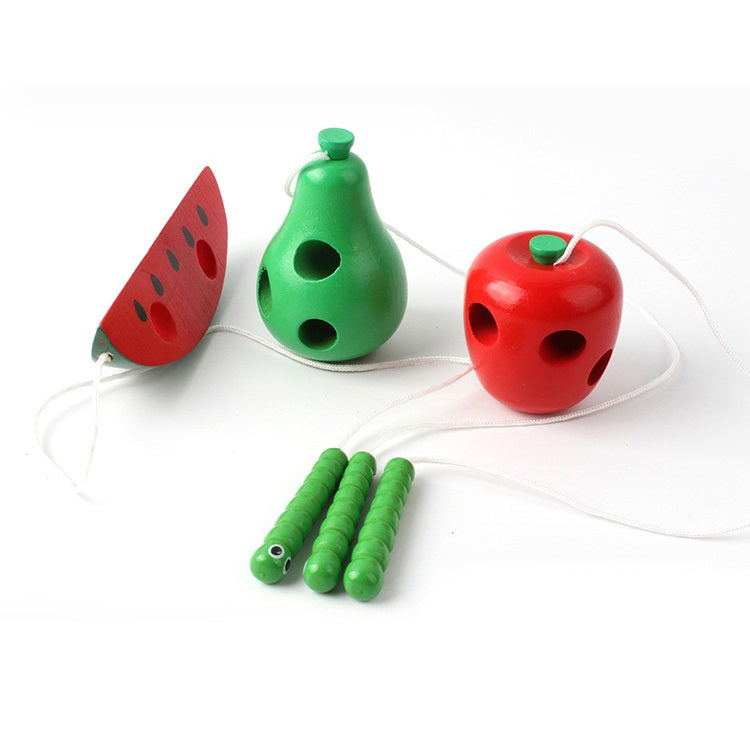 Wooden Caterpillar Eating Fruit Threading Montessori Toys