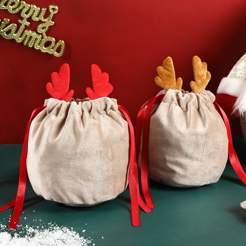 Velvet Christmas Gift Bag with Antler Decoration 13x15cm
